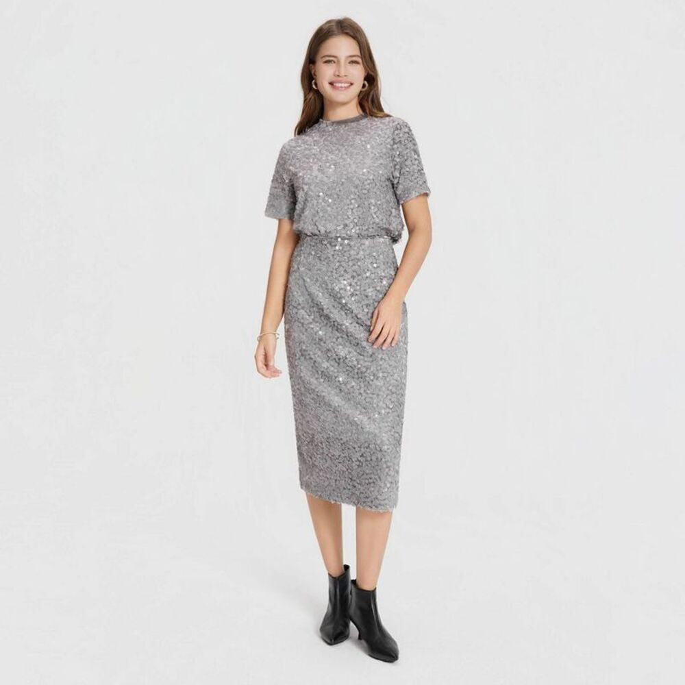 Women's Sequin Pencil Skirt - A New Day Gray L - Picture 4 of 5